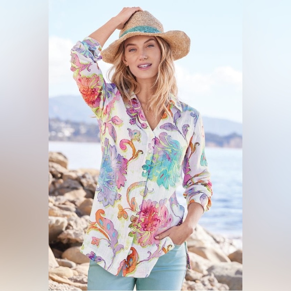 Soft Surroundings White Floral Button-Down Shirt with Multicolor Pastel Print